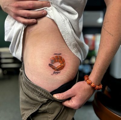 Shrimp Food Poisoning Tribute. By Sara At Grimoire Tattoo – Chattanooga, TN.